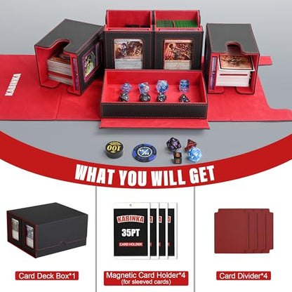 Kabinka Card Deck Box for MTG Commander, Holds 400+ Double-Sleeved Cards, 5 IN 1 Detachable Card Case with Dice Tray, Fits Magic/TCG Cards, 4 Magnetic Card Holders & Dividers (Black Red) - color: Black& Red