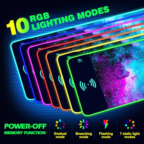 AIMSA Wireless Charging RGB Gaming Mouse Pad 15W, Extended LED Desk Mat Protector 800x300x4MM, 14 Light Modes Extra Large Mousepad Non-Slip Rubber Base Desk Mat, Galaxy Nebula Universe - color: Galaxy Nebula Universe