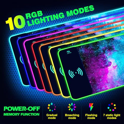 AIMSA Wireless Charging RGB Gaming Mouse Pad 15W, Extended LED Desk Mat Protector 800x300x4MM, 14 Light Modes Extra Large Mousepad Non-Slip Rubber Base Desk Mat, Galaxy Nebula Universe - color: Galaxy Nebula Universe