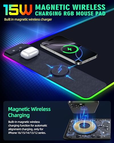 Mouse Pad with Wireless Charger, RGB Gaming Mousepad, 31.5"x15.7" Extra Large Desk Mat, 13 Light Modes, Ultra-Smooth Surface, Non-Slip Base, Waterproof Computer Keyboard Pad, Black with PD Adapter - color: RGB-31.5"x15.7"-PD Adapter