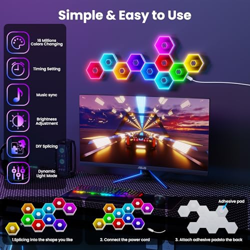 10 Pack Hexagon Led Lights, 90mm Smart Hexagon, Smart App RGB Gaming Led Light, with Remote Control & Music Sync Honeycomb Shape Hexagon Wall Lights for Bedroom, Living Room Wall - size: 10 mirrored designs