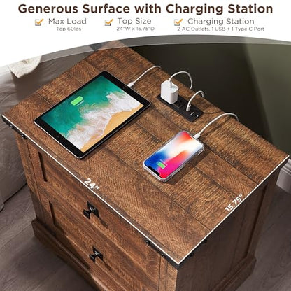 T4TREAM 24" Farmhouse Nightstand with Charging Station, Reclaimed Barnwood | End Table, 2 Large Storage Drawers, Rustic Wood Sofa Bedside Table, Bedroom, Living Room - color: Reclaimed Barnwood, size: 24"W*15.75"D*24"H