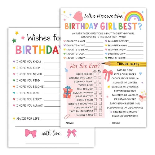 Birthday Party Card Games, Rainbow Pink Bow Themed Who Knows The Birthday Girl Best Game Cards, Wish For The Birthday Girl Games, Fun Sleepover Party Game For Kids Adults, 01 - color: Colorful Find The Guest Bingo