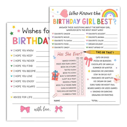 Birthday Party Card Games, Rainbow Pink Bow Themed Who Knows The Birthday Girl Best Game Cards, Wish For The Birthday Girl Games, Fun Sleepover Party Game For Kids Adults, 01 - color: Colorful Find The Guest Bingo