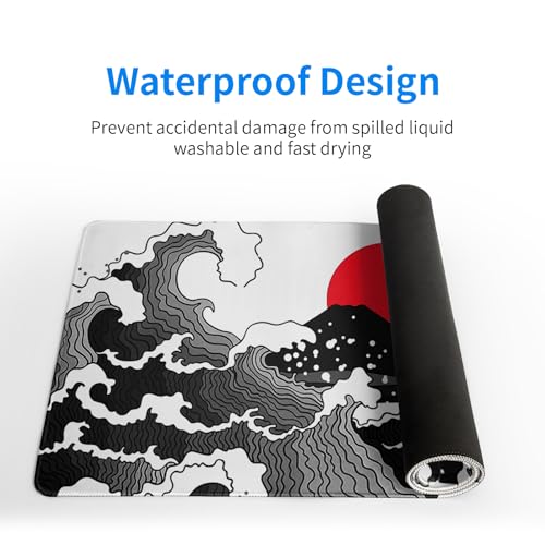 Japanese Red and Black Wave Gaming Mouse Pad Extended Large Mouse Mat Desk Pad Sea Texture Non-Slip Rubber Base Wave Mousepad Stitched Edges Keyboard Desk Pad for Office Home Game 31.5x11.8 Inch - color: Japanese Red and Black Wave
