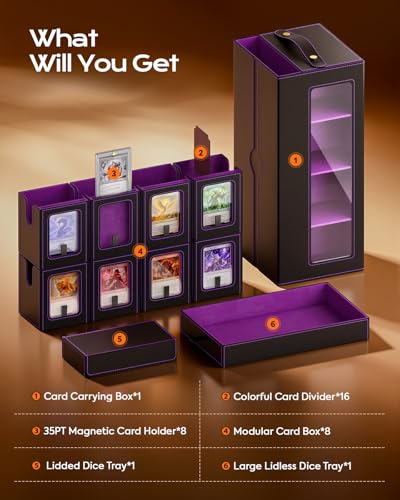 MoKo Commander Deck Box for MTG with Handle & Dice Tray, 8+2 Modular Design | 8-Deck Modular Card Case, Magnetic Holders & Dividers Included, Holds 1040+Double-Sleeved Cards, Playmat Storage, Fit TCG/EDH - color: Black Purple