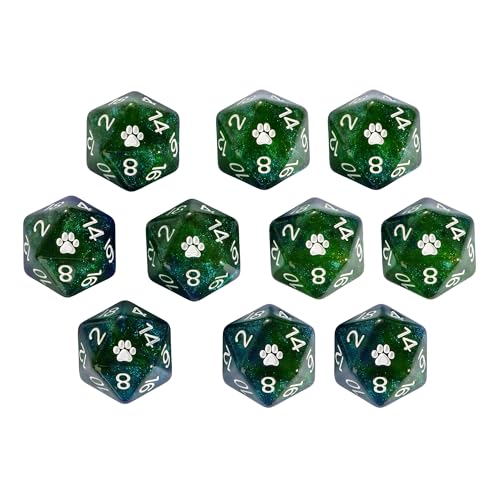 10 Pack Glitter D20 Dice, Set of 10, 20 Sided Dice Blue Mixed Green Nebula D20 Polyhedral Dice for DND RPG Tabletop Game - color: 10pcs D20 Blue Mixed Green