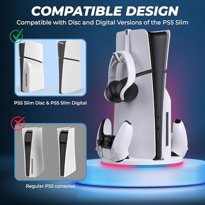 Stand with Dual Controller Charger for PS5 Slim – Vertical Console Stand with Headset Hook for PlayStation 5 - Cool RGB Lights - Efficient Charging - Charging Station for Dualsense and Edge Gamepad