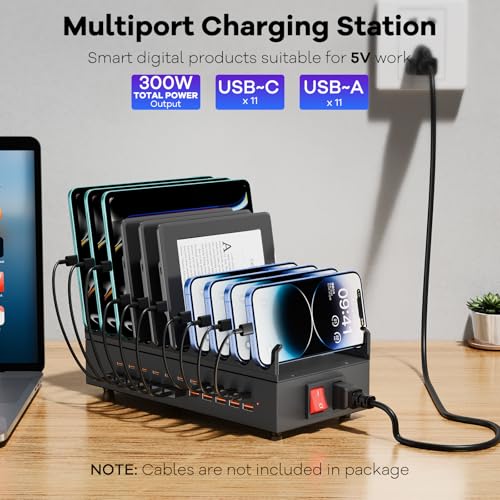 USB~C Charger Block, 300W 22 Port (11 USΒ A & 11 USΒ~C) USB Charging Station for Multiple Devices, Desktop Wall Fast Charger with Storage Dividers, USΒ Power Strip Suitable for Home Office School