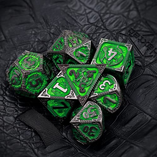 Haxtec Metal Dice Set Green Black Dragon Pattern Metal DND Dice with Leather Dice Bag Polyhedral D&D Dice Compatible with Dungeons and Dragons TTRPG Gifts - color: Black Matt Green