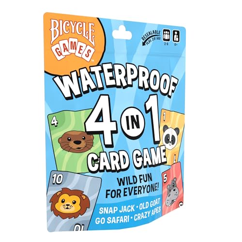 Bicycle Waterproof 4-in-1 Card Games Set Plastic Deck Family Travel Pack | 4 games in 1 Crazy Apes Go Safari Old Goat and Snap Jack, Waterproof plastic, Re-sealable storage bag, Ages 6 and up