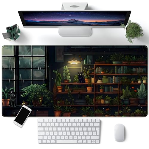Lofi Cat Desk Mat Dark Green Plant Books Desk Pad Black Cat Aesthetic Anime Big Mouse Pad Large Gaming Mousepad XL Cool Keyboard Pad Deskmat Laptop Computer Mouse Mat 31.5X 15.7in - color: A Lofi Cat