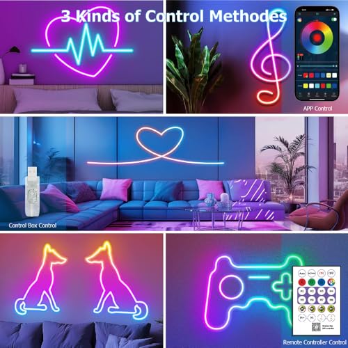 16.4ft LED Neon Rope Lights, RGB Plus IC Strip Lights, IP68 Waterproof Flexible Rope Light with APP and Remote Control, Dimmable Neon Strip for Gaming Room Living Room Bedroom Indoor Outdoor Decor