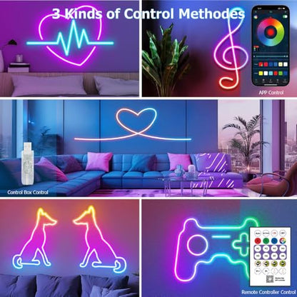 16.4ft LED Neon Rope Lights, RGB Plus IC Strip Lights, IP68 Waterproof Flexible Rope Light with APP and Remote Control, Dimmable Neon Strip for Gaming Room Living Room Bedroom Indoor Outdoor Decor