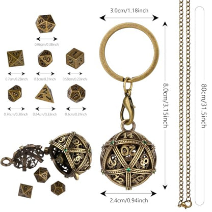 Mini DND Dice Set with Spherical Hollow D20 Metal Case Portable Keychain Necklace, Tiny 7pcs Polyhedral D&D Dice Set, DND Gifts with Gift Box, D&D Accessories for RPG（Green Diamond, Bronze） - color: Bronze