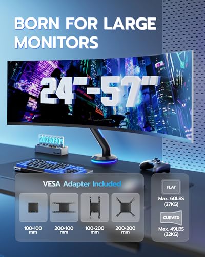 Single Gaming Monitor Arm for 24"-57" Screen with RGB, Black | Computer Monitor Stand Holds Up to 60LBS - color: BLACK, style: RGB