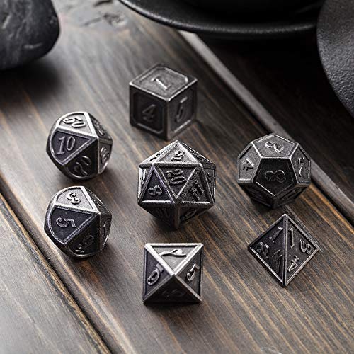 DnDnD Acient Silver Metal DND Dice Set, 7PCS D&D Metal Dice with Metal Case for Dungeons and Dragons, Shadowrun, Pathfinder, Savage World and Table Games - color: Ancient Silver