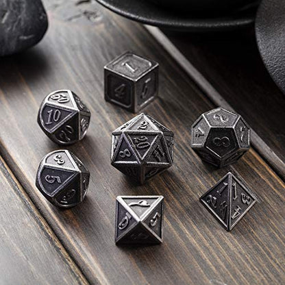 DnDnD Acient Silver Metal DND Dice Set, 7PCS D&D Metal Dice with Metal Case for Dungeons and Dragons, Shadowrun, Pathfinder, Savage World and Table Games - color: Ancient Silver