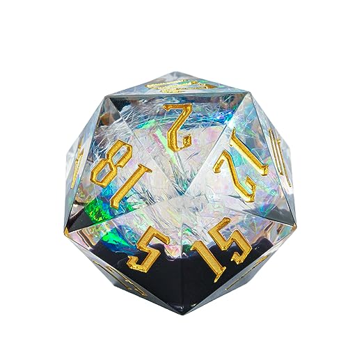 Cusdie Single D20 DND Dice with Sharp Edges and Glitter Foil Inclusions, 20 Sided D&D Dice, 33mm Handcrafted, for Role Playing Game (Black/T) - color: Black Transparent