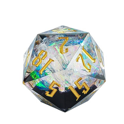 Cusdie Single D20 DND Dice with Sharp Edges and Glitter Foil Inclusions, 20 Sided D&D Dice, 33mm Handcrafted, for Role Playing Game (Black/T) - color: Black Transparent