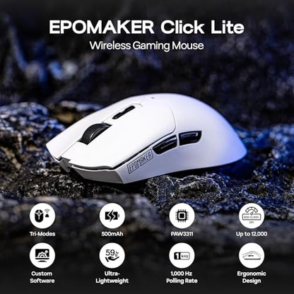 EPOMAKER Click Lite Wireless Gaming Mouse, 800 to 12,000 DPI Adjustable, PAW3311 Sensor, 500mAh, 59g, 2.4G/BT/USB-C Rechargeable Wireless Mouse with 5 Programmable Buttons for PC/Mac/Linux (White) - color: White