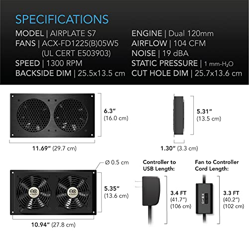 AC Infinity AIRPLATE S7, Quiet Cooling Fan System 12" with Speed Control, for Home Theater AV Cabinets (Pack of 2) - size: Dual 120 (Pack of 2)