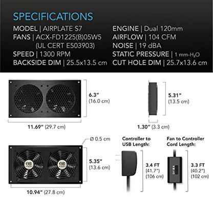 AC Infinity AIRPLATE S7, Quiet Cooling Fan System 12" with Speed Control, for Home Theater AV Cabinets (Pack of 2) - size: Dual 120 (Pack of 2)