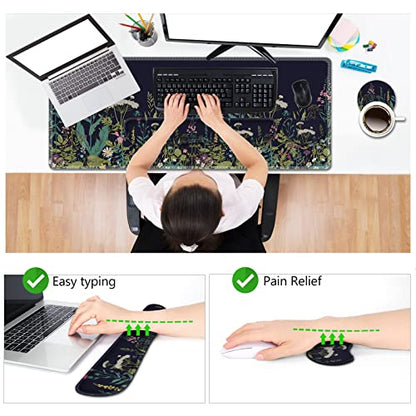 AIMSA Large Gaming Mouse Pad Set, Keyboard Wrist Rest Support + Extended Mouse Pad + Mouse Wrist Cushion + Coaster, Ergonomic Multifunctional Desk Mat 35x15.7in Anti-Slip Rubber Base (Flowers Plants) - color: Flowers Plants
