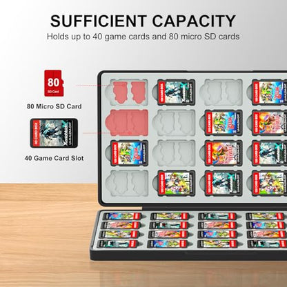 Switch Game Case Compatible with All Models, 40 Cards & 80 SD Card Slots | PC material, with a Silicone Lining and an Automatic Magnetic Closure, the Card Slots are a 1:1 Match for the Original Cards
