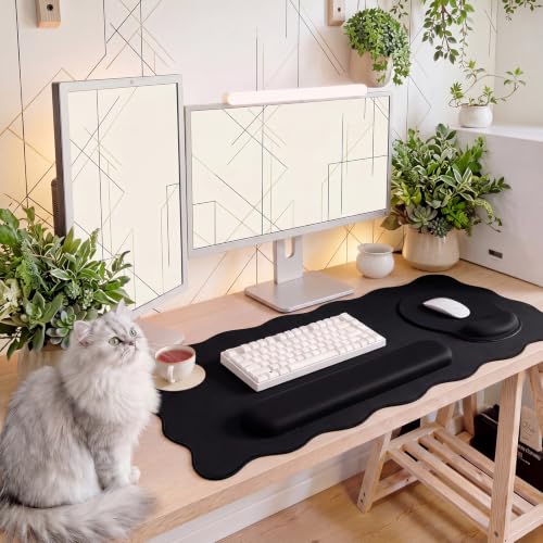 Sabary Scalloped Desk Mat Keyboard Mouse Pad Set 35.5 x 15.7 Inch Black Cute Aesthetic Preppy Table Mat Keyboard Wrist Rest Mouse Pad with Wrist Rest Coaster Ergonomic Non-Slip Waterproof Gaming Desk - color: Black, size: 35.5 x 15.7 Inch