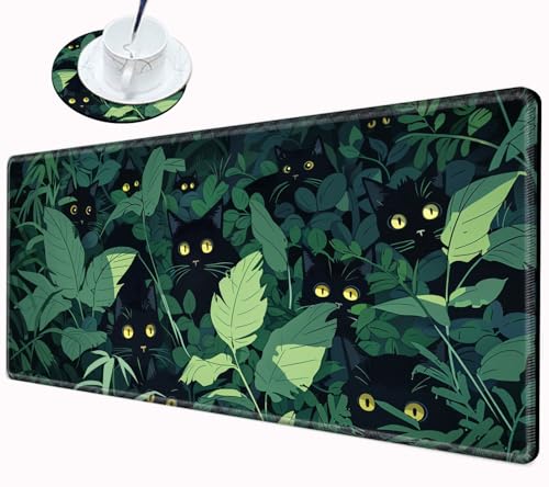 Gaming Mouse Pad Black Cute Cat Desk Mat Large Mousepad 31.5''X15.75'' Desk Pad XXL Computer Mat Big Non-Slip Mouse Mat for Women Office Work Home - color: Grass Cat, size: 31.5''x15.75''