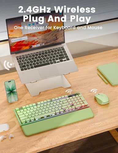 Wireless Keyboard and Mouse Combo - 9 Backlit Effects, Wrist Rest, Double-Shot Keycaps, Metal Panel, Long-Lasting Rechargeable, 2.4G Keyboard Mouse Set for Windows Mac PC Laptop – Sablute (Green) - color: Green