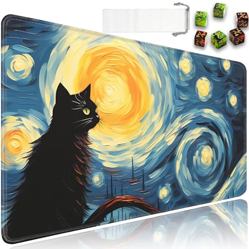 for MTG Playmat + Drawstring Travel Pouch + 6 Dice Counter, for Trading Card Game Playmats or Mouse Pad, Anti-Slip Rubber 24 x 14 in, Starry Night Black Cat for TCG Playmat (No with Zone) - color: JV-Playmat-5-1-A21