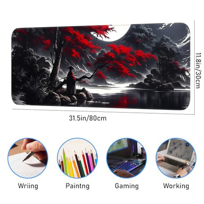 Japanese Dark Red Moon Gaming Mouse Pad, Extended Mouse Pad with Non-Slip Base, Full Keyboard Pad with Stitched Edges, Large Desk Pad for Gaming, Office, Home 31.5 x 11.8 Inch - color: Japanese style