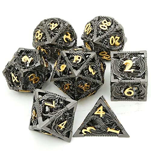 Metal DND Dragon Dice Set Dungeons and Dragons for Role Playing Games (RPG) MTG Pathfinder Tabletop Games(Black Gold) - color: Black/Gold