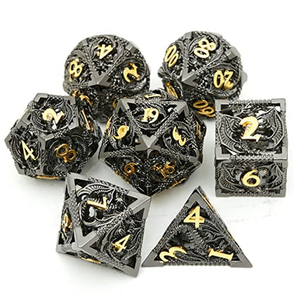 Metal DND Dragon Dice Set Dungeons and Dragons for Role Playing Games (RPG) MTG Pathfinder Tabletop Games(Black Gold) - color: Black/Gold