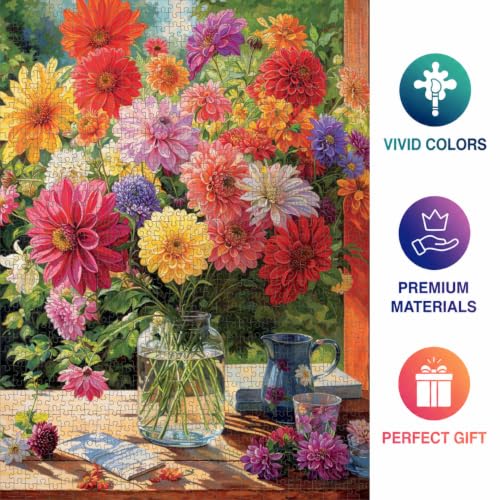Cross & Glory - Rainbow Dahlia Delight - 1000 Piece Jigsaw Puzzle for Adults | Vibrant Flower Collection | Satin Finish | Challenging & Colorful Art - color: Rainbow Dahlia Delight