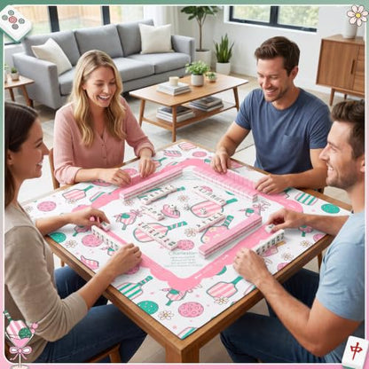Pink Dickleball Martini Mahjong Mat with Rules 31.5" x 31.5" | Preppy Floral Design, Non-slip Noise Reduction, Mahjong Game Table Cover for Poker Board, Card Games, Dickleball Lovers Gifts - style: Preppy Pink