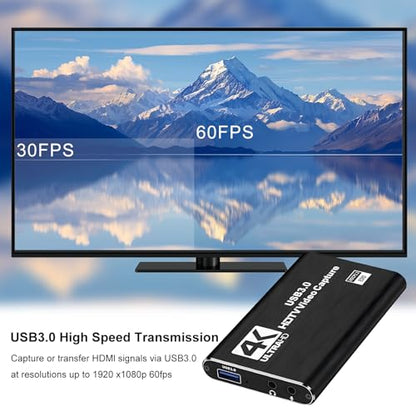 4K Capture Card Game Capture Card 1080P 60FPS for Streaming Capturadora De Video for Game Recording Live Streaming Broadcasting Supports Microphone Input and 3.5MM Headphone Output