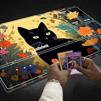Board Game Mat TCG Playmat Plus 50 Pcs Card Sleeves, 24 x 14 inches Table Mats Games Mousepad with Zones Smooth Surface for MTG RPG CCG Trading Card Game Play Mats, Cartoon Black Cat - color: Cartoon Black Cat, size: Zone 1
