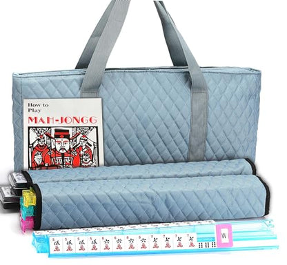American Mahjong Game Set - Pearl Gray Quilted Soft Bag - 166 White Engraved Tiles, 4 All-in-One Rack/Pushers Complete Western Mah-Jongg, Maj Jongg, Ma Jong Set - color: Mahjong Game Set With Gray Case
