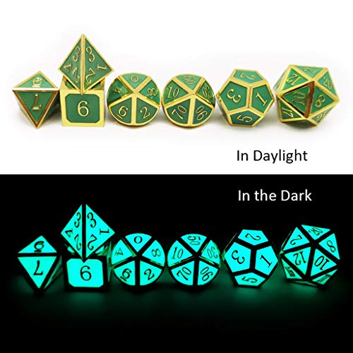 Haxtec Gold Glowing Blue Metal DND Dice Set Glow in the Dark Enamel D&D Dice with Dragon Eye Leather Dice Bag Compatible with Dungeons and Dragons TTRPG Gift for DND Lovers DM Masters - color: Gold Blue Green