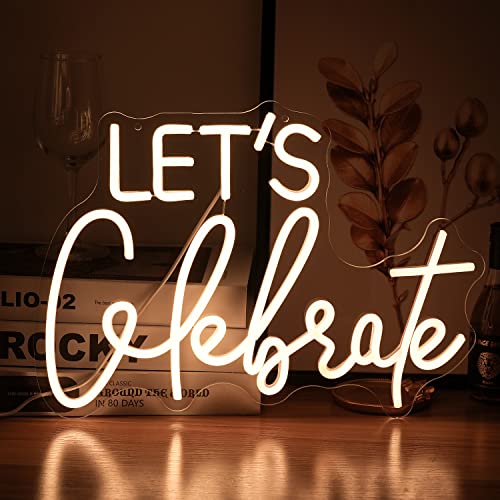 Let's Celebrate Neon Sign Dimmable Warm White Neon Light Let's Celebrate Neon Signs for Wall Decor Powered by USB Words LED Lights for Bedroom Party Thanksgiving(16.5"x11.8") | USB Powered Letters Led Signs,Party Holiday Led Light Sign,Graduation back to