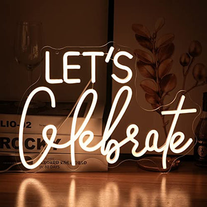 Let's Celebrate Neon Sign Dimmable Warm White Neon Light Let's Celebrate Neon Signs for Wall Decor Powered by USB Words LED Lights for Bedroom Party Thanksgiving(16.5"x11.8") | USB Powered Letters Led Signs,Party Holiday Led Light Sign,Graduation back to
