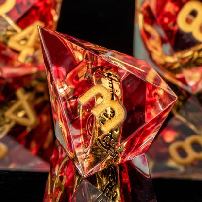 OUKELANWO Magic Lord Rings DND Dice Set with Box, 7Pcs Resin LOTR D&D Dice Set for Role Playing Game, Red Gold Dungeons Dragons D and D Sharp Edge Dice D20 D12 D10 D8 D6 D4 - color: Red