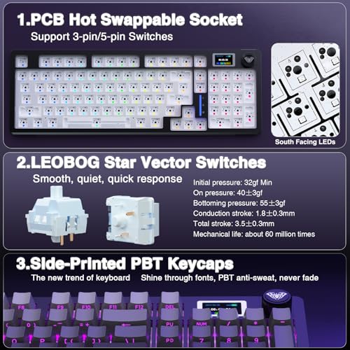 AULA S98 Pro Wireless Mechanical Keyboard with Screen & Knob,2.4GHz/USB-C/BT5.0 Hot Swappable Creamy Keyboard,Pre-lubed Linear Switches,Side Printed PBT Keycaps,RGB Backlit Gaming Keyboards - color: Side Printed Black