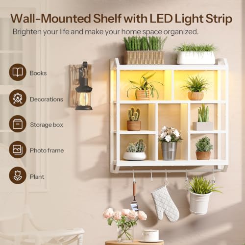 HOOBRO Gaming Floating Shelves with LED Light, 28.1" LED Wall Shelf White | 4-Tier Wall Mounted Shelves for Storage, Floating Wall Shelf Display Rack With Hanging Rod, for Bedroom Game Room Living Room - color: White