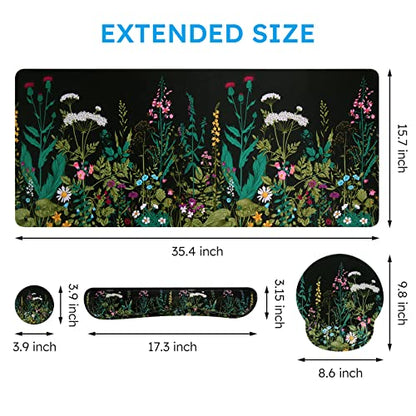 iCasso Large Mouse Pad, Mouse Pad Wrist Support Set,4in1 XXL Large Mousepad + Keyboard Wrist Rest+Mouse Wrist Rest+Coaster Set with Ergonomic Design for Home Office Table Computer-Weeds - color: Weeds