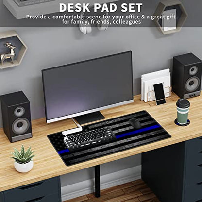 Large Gaming Mouse Pad, Thin Blue Line American Flag Design Keyboard Mat Desk Mousepad, Full Desk Extended XXL Mouse Pad 35.5" X 15.75" w/Stitched Edges Non-Slip for Office Home Gamer
