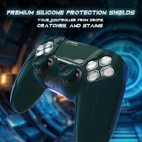 PlayVital Mecha Edition Silicone Cover Compatible with ps5 Controller with 2 Joystick Caps and 6 Stickers, Shockproof Non-Slip Grip Protector Accessories, Fits for ps5 Charging Station - Racing Green - color: Racing Green
